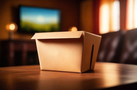 Discover the art of simplicity with this aesthetically pleasing, minimalist photo of a paper box on a warm-toned wooden table, perfect for your project or inspiration. Generated AI.の素材