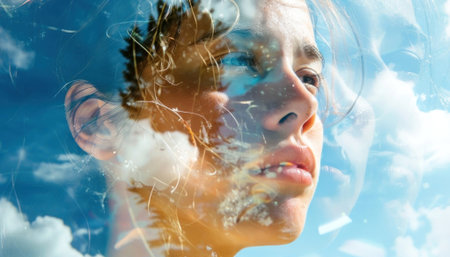 Dreamy fusion of nature and emotion, this ethereal portrait of the woman captures a poetic blend of earth and sky. A mesmerizing visual symphony of light and soul. Generated A.I.の素材