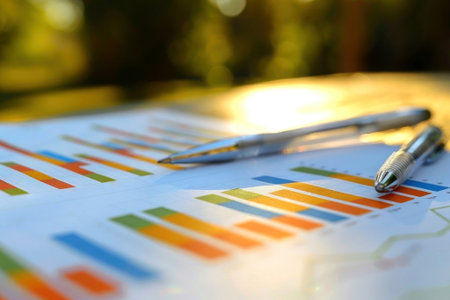 Captivating close-up of a vibrant data chart with pens, symbolizing analytics, business planning, and market research, set against a warm, bokeh background.の素材