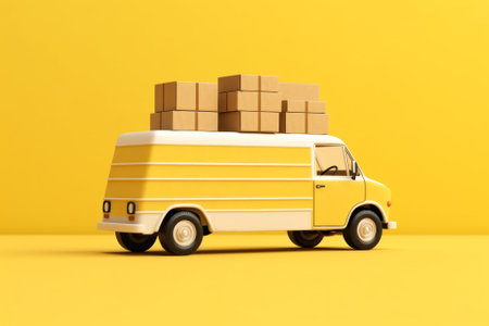 Yellow minivan with cardboard boxes. A toy delivery car with small paper boxes inside and on the roof in bright yellow background. Copy space. Created using generative AI.の素材