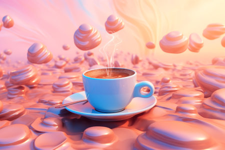 Futuristic composition with a white ceramic coffee cup, plate. Shiny flying drops, steam and fluffy clouds on a blue-pink background. Generated by AI.の素材