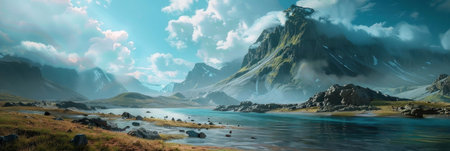 Explore this breathtaking digital landscape perfect for a wallpaper. Download majestic mountains, serene lake, and cloudy skies for a glimpse of natural beauty.の素材