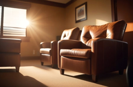A serene setting as sunlight bathes a vintage leather sofa, casting shadows and warm tones in a cozy interior space. Generated A.I.の素材