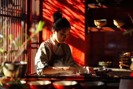 Tranquil culinary moment captured: A woman in traditional attire is immersed in the art of cooking in a serene, sunlit kitchenの素材