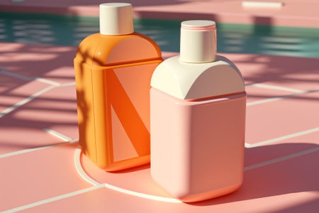 Sunny poolside vibes with chic orange and pink sunscreen bottles. Capture the essence of summer skincare in your projects with this trendy, high-res imageの素材