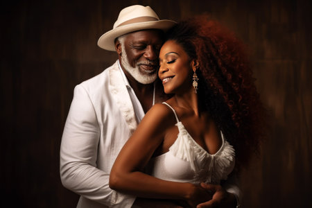 Young African-American couple in love in wedding dresses embrace in the living room of the house. An attractive mixed-race girl and her handsome partner smile on their wedding day. Generated by AI.の素材