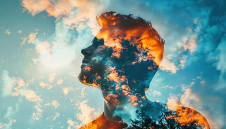 Stunning double exposure image melting a man's profile with a fiery sky, a masterpiece of human connection with nature. AI generatedの素材