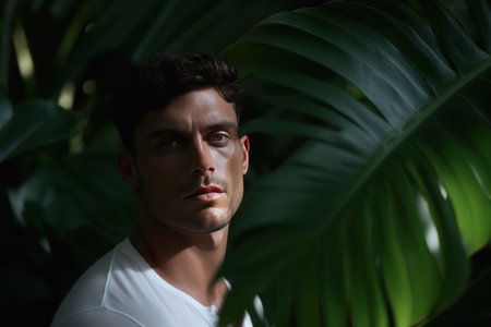 Man in Tropical Serenity. Young man lost in thought among lush tropical leaves, bathed in soft sunlightの素材