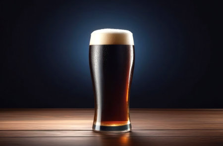 Savor the moment with this high-definition photo of a tantalizing beer, showcasing a rich amber hue & perfect frothy head against a moody blue backdrop. Ideal for any use. Generated A.I.の素材