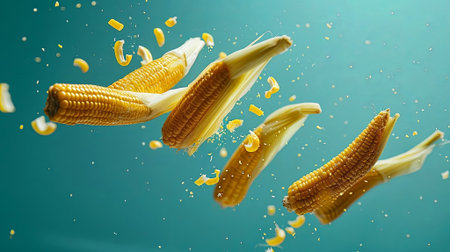 Corn cobs floating mid-air with kernels bursting around them on a vibrant blue background. Generated A.I.の素材