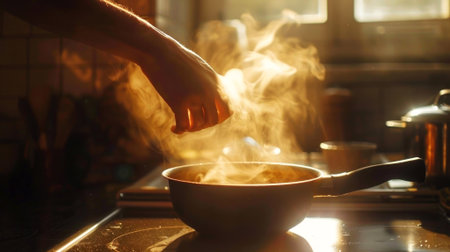 Experience the warmth of home cooking with this image capturing a hand stirring a steaming pan on the stove in golden light. Perfect for culinary themes. Generated A.I.の素材