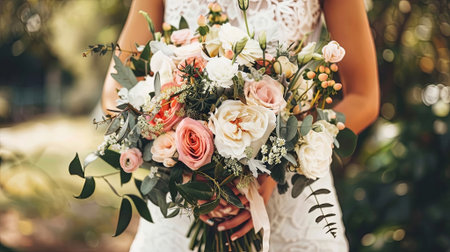 Bridal elegance captured in a stunning bouquet of roses and greenery, perfect for your special day. Indulge in the beauty of nature finest blooms. Generated AIの素材