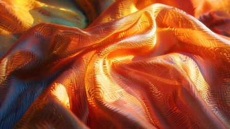 Vivid abstract silk folds create a mesmerizing play of light and shadow in fiery reds and cool blues. The fabric captures elegance and warmth in a stunning visual experience. Generated A.I.の素材