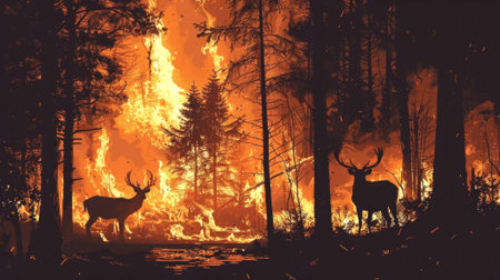 Fiery forestscape with silhouetted deer amidst raging flames under a darkened sky, capturing the raw power of nature and wildlife in peril. Generated AIの素材