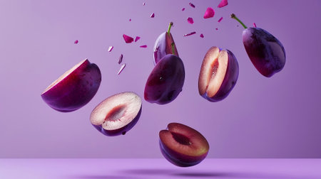 Ethereal plums float mid-air, sliced and surrounded by vibrant fragments against a soft purple backdrop. A symphony of freshness and color, this image tantalizes the feelings. Generated A.I.の素材
