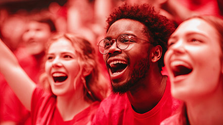 Young adults in red shirts are joyfully celebrating together, showcasing excitement and camaraderie in a vibrant atmosphere filled with energy and enthusiasm, AI generatedの素材