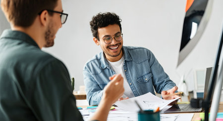 Two men are collaborating in a creative workspace, discussing design ideas with sketches and digital devices around them, highlighting teamwork and creativity, AI generatedの素材