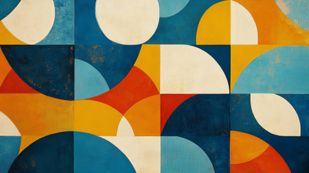 Colorful geometric illustration showcases a blend of circles and squares in various hues, creating a visually striking modern art piece with rich textures and shapes, AI generatedの素材