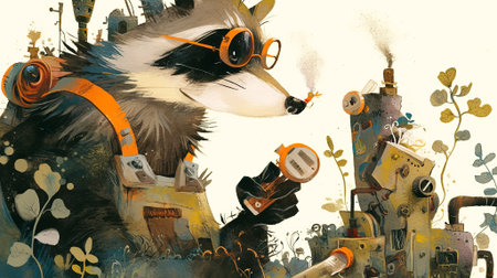 Raccoon character in goggles and overalls engages with imaginative machinery amidst lush greenery, highlighting a playful blend of nature and technology in a colorful illustration, AI generatedの素材