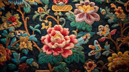 Detailed floral embroidery with rich colors and textures, highlighting craftsmanship and artistic design, ideal for textile enthusiasts and creative projects, AI generatedの素材