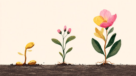 Colorful illustration shows the stages of plant growth from seedling to blooming flower, highlighting the natural beauty and life cycle of flora, AI generatedの素材