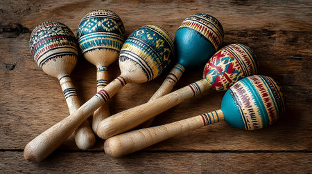 Handcrafted maracas with vibrant colors and intricate patterns are displayed on a rustic wooden surface, highlighting cultural artistry and musical heritage, AI generatedの素材