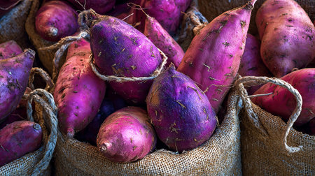 Vibrant purple sweet potatoes are arranged in burlap sacks, highlighting their rich color and texture, ideal for cooking and healthy meal preparation, AI generatedの素材