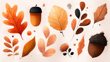 Vibrant autumn leaves and acorns illustrated in rich colors, highlighting diverse shapes and textures, ideal for seasonal themes and nature-inspired artwork, AI generatedの素材