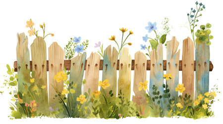 Rustic wooden fence illustration surrounded by colorful flowers and greenery, evoking a serene garden scene filled with natural beauty and artistic charm, AI generatedの素材