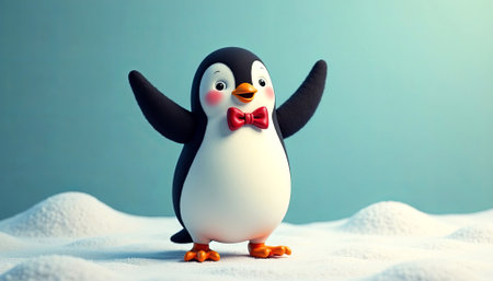 Cartoon penguin character with a red bow tie, stands on soft snow, displaying a cheerful demeanor and playful stance, creating a delightful atmosphere, AI generatedの素材