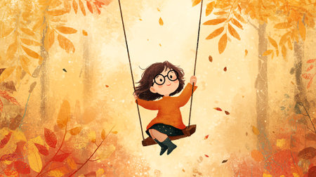 Girl on swing enjoys playful moment in autumn forest, surrounded by colorful leaves and warm sunlight, evoking feelings of joy and nostalgia, AI generatedの素材