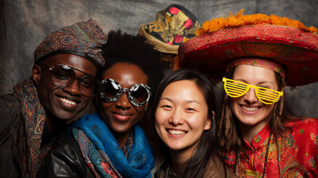 Diverse group of friends, wearing vibrant hats and sunglasses, are posing together in a joyful manner, highlighting cultural celebration and camaraderie, AI generatedの素材