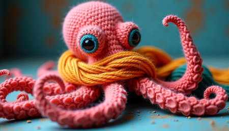 Crocheted octopus features bright colors and large eyes, surrounded by vibrant yarn, highlighting craftsmanship and creativity in a playful and artistic environment, AI generatedの素材