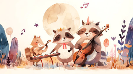 Charming raccoon and fox characters are performing music together under a full moon, with vibrant plants and playful notes enhancing the magical scene, AI generatedの素材