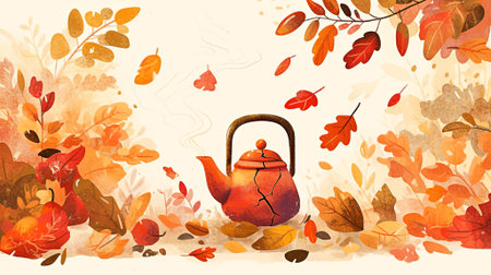 Whimsical illustration featuring a cracked teapot surrounded by vibrant autumn leaves, with steam rising, creating a warm and nostalgic ambiance, AI generatedの素材