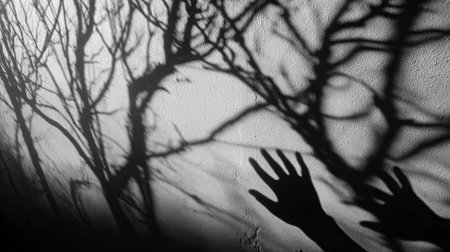 Hands cast shadows on a textured wall, merging with dark branches, evoking feelings of yearning and connection in a striking monochrome setting, AI generatedの素材
