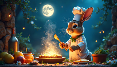 Adorable rabbit dressed as a chef, stirring a pie in a charming kitchen, with fruits and a bright moon illuminating the enchanting scene, AI generatedの素材