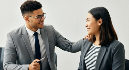 African American man in a suit interacts with Asian woman in a business setting, highlighting teamwork and collaboration in a contemporary office atmosphere, AI generatedの素材