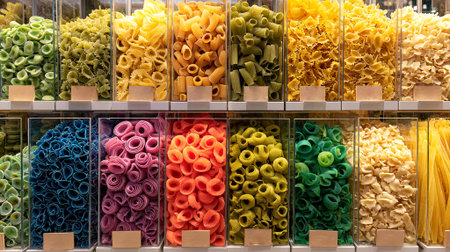 Vibrant collection of pasta shapes in clear containers, highlighting a spectrum of colors and textures, ideal for food styling and culinary creativity, AI generatedの素材