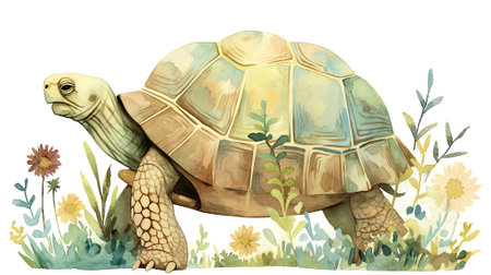 Watercolor tortoise is walking through a lively garden with various flowers and greenery, highlighting the charm of wildlife in a natural setting, AI generatedの素材