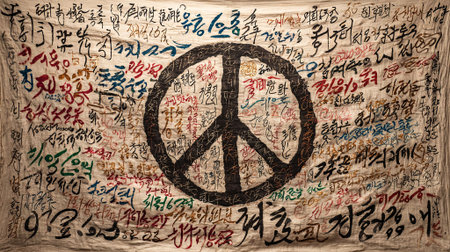 Vibrant peace symbol amidst a tapestry of handwritten messages on textured fabric, representing unity, hope, and cultural dialogue in a creative setting, AI generatedの素材