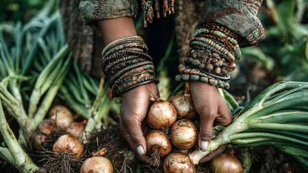 Female gardener is carefully picking fresh onions from the soil, surrounded by green foliage and earthy textures, highlighting the beauty of organic farming, AI generatedの素材