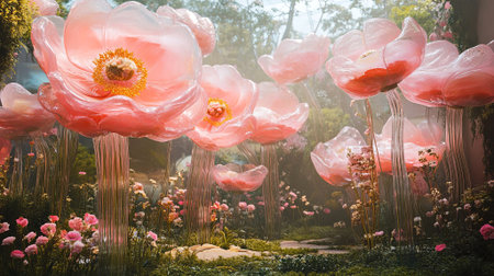 Oversized pink flowers with translucent petals stand tall in an enchanted garden, surrounded by vibrant greenery and smaller blooms, evoking a serene and magical ambiance, AI generatedの素材