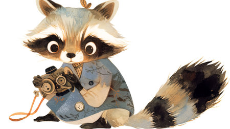 Adorable raccoon character, dressed in a blue jacket, is sitting and holding a vintage camera, creating a charming and playful scene in vibrant colors, AI generatedの素材