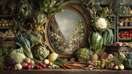 Colorful vegetables are beautifully arranged around a vintage mirror that reflects a lush garden, creating a harmonious blend of nature and organic freshness, AI generatedの素材