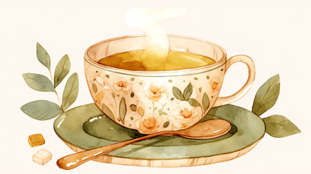 Beautiful floral cup filled with hot herbal tea on a green saucer, accompanied by a wooden spoon and sugar cubes, evoking warmth and comfort, AI generatedの素材