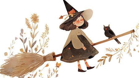 Illustration of a young girl dressed as a witch flying on a broomstick with an owl, surrounded by colorful autumn flowers, evoking a sense of magic and adventure, AI generatedの素材
