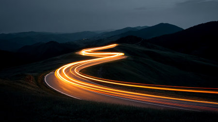 Winding road at night, illuminated by streaks of vehicle lights, surrounded by dark hills and mountains, creating a serene yet dynamic atmosphere of movement, AI generatedの素材