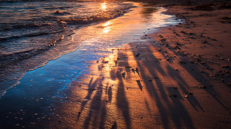 Beautiful sunset over sandy beach, with shimmering reflections on water and gentle waves, creating a peaceful ambiance, showcasing shadows of people walking, AI generatedの素材