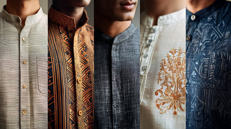 Display of various ethnic shirts featuring unique designs and rich textures, emphasizing the artistry and cultural significance of traditional attire in a captivating manner, AI generatedの素材